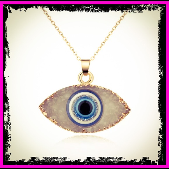 🆕 Blue Evil Eye Druzy Stone Necklace Quartz - Picture 2 of 9